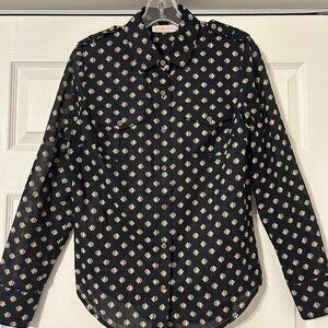 TORY BURCH Sz 6 Black Kingfish Print Long Sleeve Utility Shirt Top
